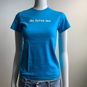 Vintage Adiqshun Orly Star He loves Me T-shirt top famous worn by Britney Paris